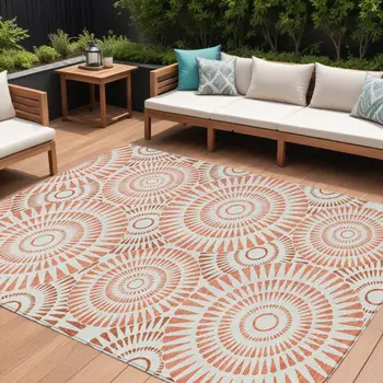 9' X 12' Coral And Ivory Geometric Washable Indoor Outdoor Area Rug
