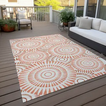 10' X 14' Coral And Ivory Geometric Washable Indoor Outdoor Area Rug