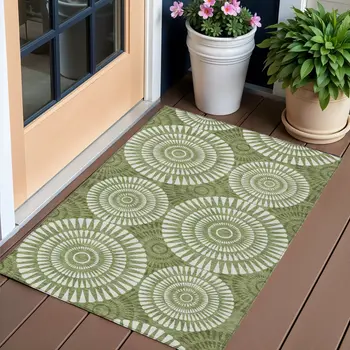 3' X 5' Green And Ivory Geometric Washable Indoor Outdoor Area Rug
