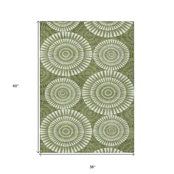 3' X 5' Green And Ivory Geometric Washable Indoor Outdoor Area Rug
