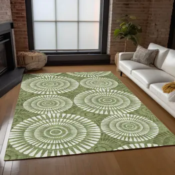 3' X 5' Green And Ivory Geometric Washable Indoor Outdoor Area Rug