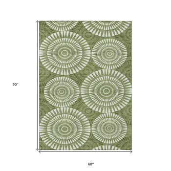 5' X 8' Green And Ivory Geometric Washable Indoor Outdoor Area Rug