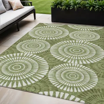 5' X 8' Green And Ivory Geometric Washable Indoor Outdoor Area Rug