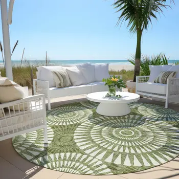 8' Green And Ivory Round Geometric Washable Indoor Outdoor Area Rug