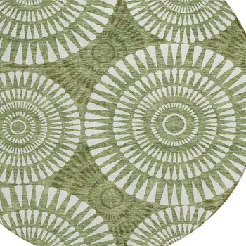 8' Green And Ivory Round Geometric Washable Indoor Outdoor Area Rug