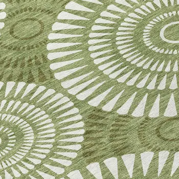 8' Green And Ivory Round Geometric Washable Indoor Outdoor Area Rug
