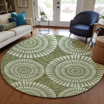 8' Green And Ivory Round Geometric Washable Indoor Outdoor Area Rug