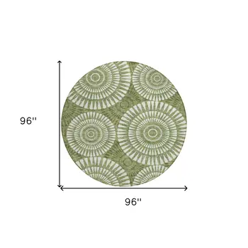8' Green And Ivory Round Geometric Washable Indoor Outdoor Area Rug