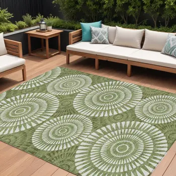 10' X 14' Green And Ivory Geometric Washable Indoor Outdoor Area Rug