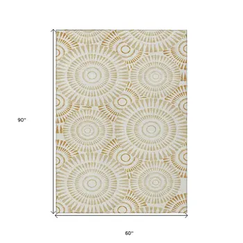 5' X 8' Gold Brown And Ivory Geometric Washable Indoor Outdoor Area Rug
