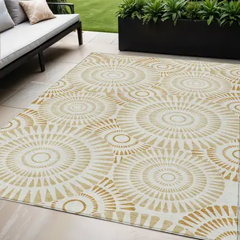 5' X 8' Gold Brown And Ivory Geometric Washable Indoor Outdoor Area Rug