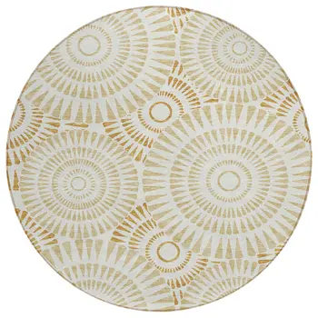 8' Gold Brown And Ivory Round Geometric Washable Indoor Outdoor Area Rug