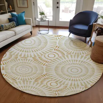 8' Gold Brown And Ivory Round Geometric Washable Indoor Outdoor Area Rug
