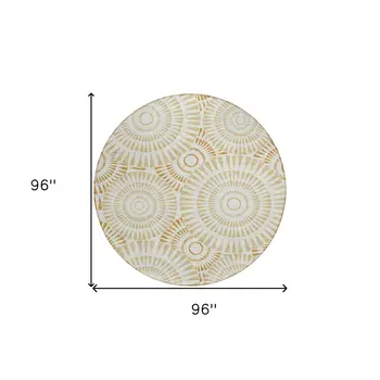 8' Gold Brown And Ivory Round Geometric Washable Indoor Outdoor Area Rug