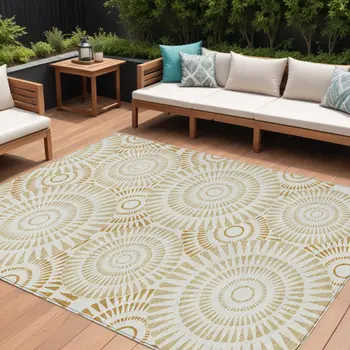 8' X 10' Gold Brown And Ivory Geometric Washable Indoor Outdoor Area Rug