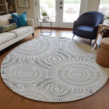 8' Gray And Dark Gray Round Geometric Washable Indoor Outdoor Area Rug