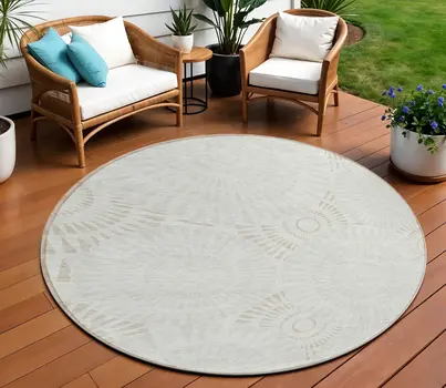 8' Ivory And Gray Round Geometric Washable Indoor Outdoor Area Rug