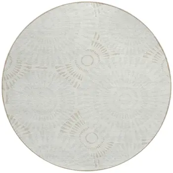 8' Ivory And Gray Round Geometric Washable Indoor Outdoor Area Rug