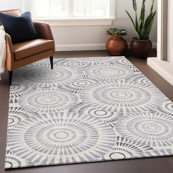 3' X 5' Lavender And Ivory Geometric Washable Indoor Outdoor Area Rug