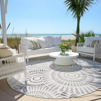 8' Lavender And Ivory Round Geometric Washable Indoor Outdoor Area Rug