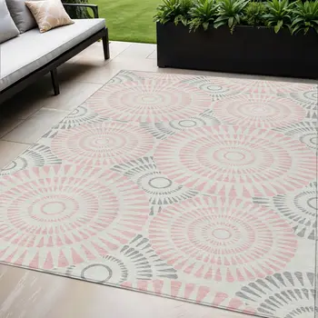 5' X 8' Pink Gray And Ivory Geometric Washable Indoor Outdoor Area Rug