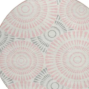 8' Pink Gray And Ivory Round Geometric Washable Indoor Outdoor Area Rug