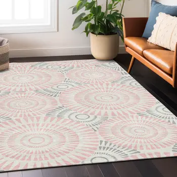 8' X 10' Pink Gray And Ivory Geometric Washable Indoor Outdoor Area Rug