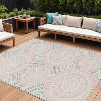 10' X 14' Pink Gray And Ivory Geometric Washable Indoor Outdoor Area Rug