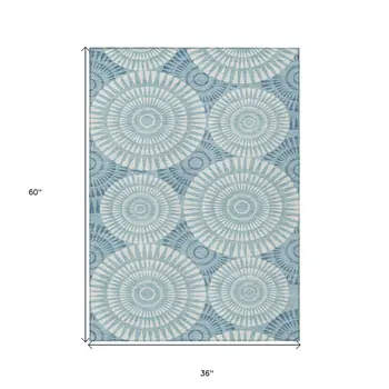 3' X 5' Teal Blue And Ivory Geometric Washable Indoor Outdoor Area Rug