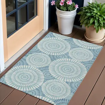 3' X 5' Teal Blue And Ivory Geometric Washable Indoor Outdoor Area Rug