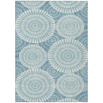 3' X 5' Teal Blue And Ivory Geometric Washable Indoor Outdoor Area Rug