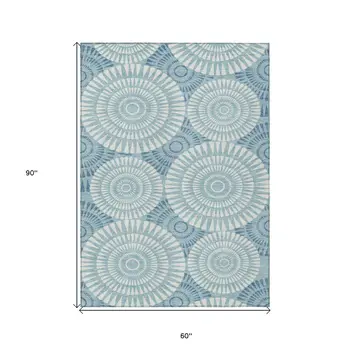 5' X 8' Teal Blue And Ivory Geometric Washable Indoor Outdoor Area Rug