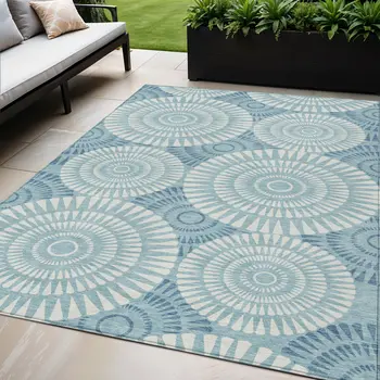 5' X 8' Teal Blue And Ivory Geometric Washable Indoor Outdoor Area Rug
