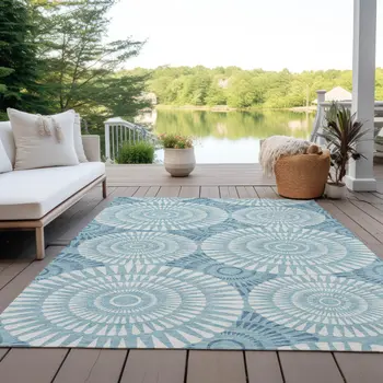 5' X 8' Teal Blue And Ivory Geometric Washable Indoor Outdoor Area Rug