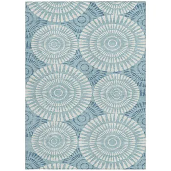 5' X 8' Teal Blue And Ivory Geometric Washable Indoor Outdoor Area Rug