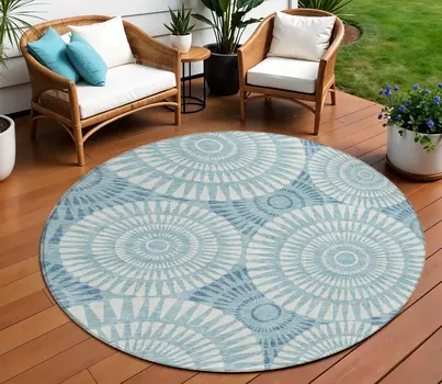 8' Teal Blue And Ivory Round Geometric Washable Indoor Outdoor Area Rug