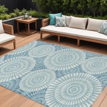 8' X 10' Teal Blue And Ivory Geometric Washable Indoor Outdoor Area Rug