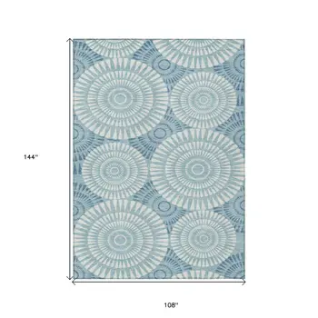 9' X 12' Teal Blue And Ivory Geometric Washable Indoor Outdoor Area Rug