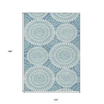 10' X 14' Teal Blue And Ivory Geometric Washable Indoor Outdoor Area Rug