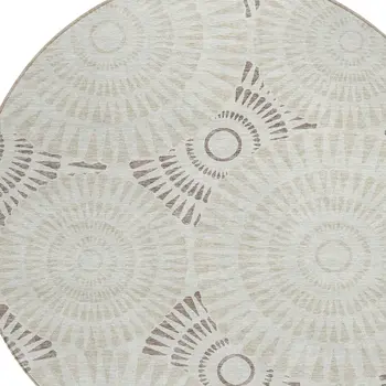 8' Taupe And Brown Round Geometric Washable Indoor Outdoor Area Rug