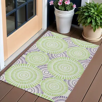 3' X 5' Green And Purple Geometric Washable Indoor Outdoor Area Rug