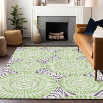 3' X 5' Green And Purple Geometric Washable Indoor Outdoor Area Rug