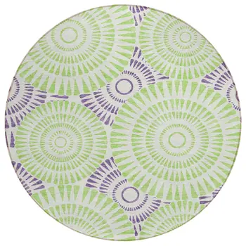 8' Green And Purple Round Geometric Washable Indoor Outdoor Area Rug