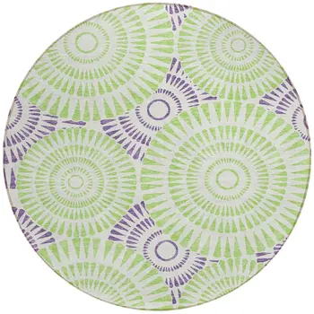 8' Green And Purple Round Geometric Washable Indoor Outdoor Area Rug