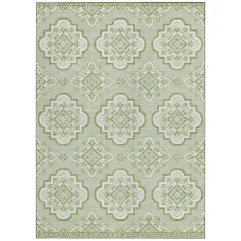 5' X 8' Artichoke Green And Ivory Medallion Washable Indoor Outdoor Area Rug
