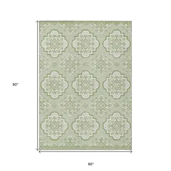 5' X 8' Artichoke Green And Ivory Medallion Washable Indoor Outdoor Area Rug