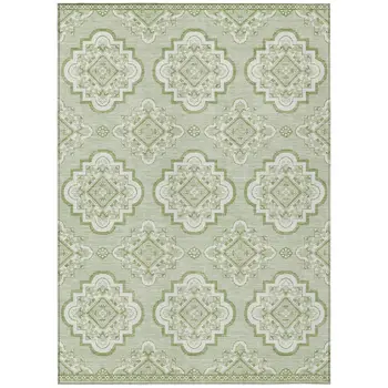 5' X 8' Artichoke Green And Ivory Medallion Washable Indoor Outdoor Area Rug