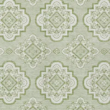 5' X 8' Artichoke Green And Ivory Medallion Washable Indoor Outdoor Area Rug