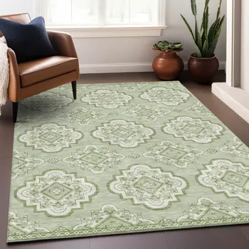 5' X 8' Artichoke Green And Ivory Medallion Washable Indoor Outdoor Area Rug