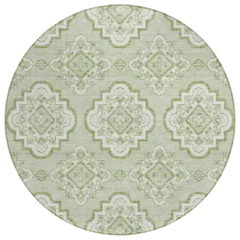 8' Artichoke Green And Ivory Round Medallion Washable Indoor Outdoor Area Rug